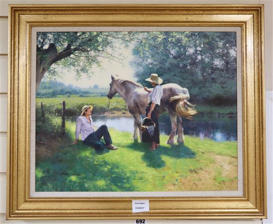 Tony Sheath, oil on canvas, Figures and horse on a riverbank, signed, 40 x 50cm